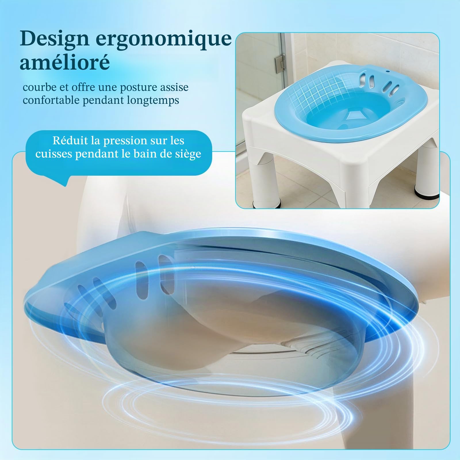 Bain de siège pour hémorroïdes – Baignoire d'assise portable adulte avec tabouret et fonction rinçage amovible, soin post-partum, compatible sel d'Epsom, pour un soulagement efficace à domicile
