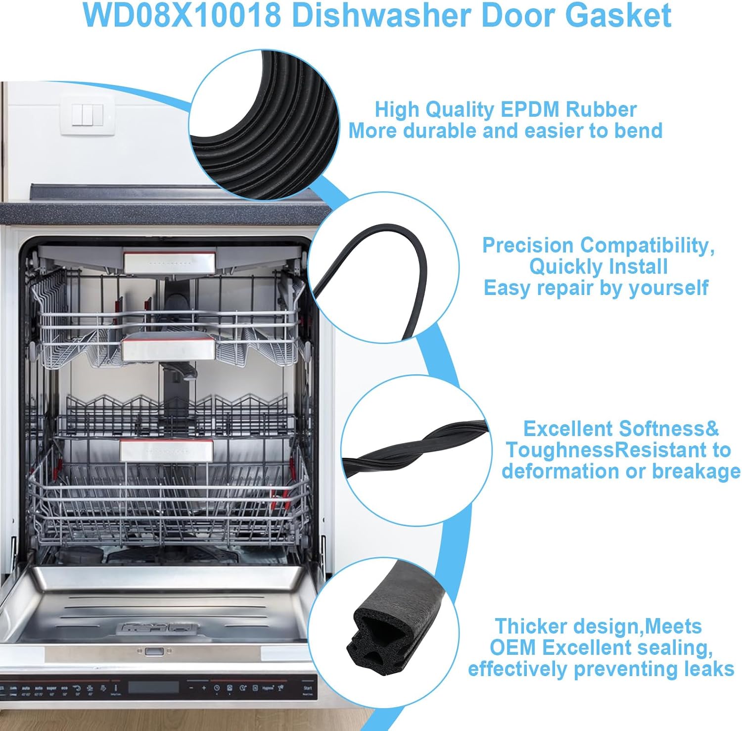 WD08X10018 Dishwasher Door Gasket Compatible with General Electric Ge Dishwashers Replaces PD00023348 WD8X10018 943373 AP3425307 EAP258656 PS258656 AH258656 EA258656 Door Seal