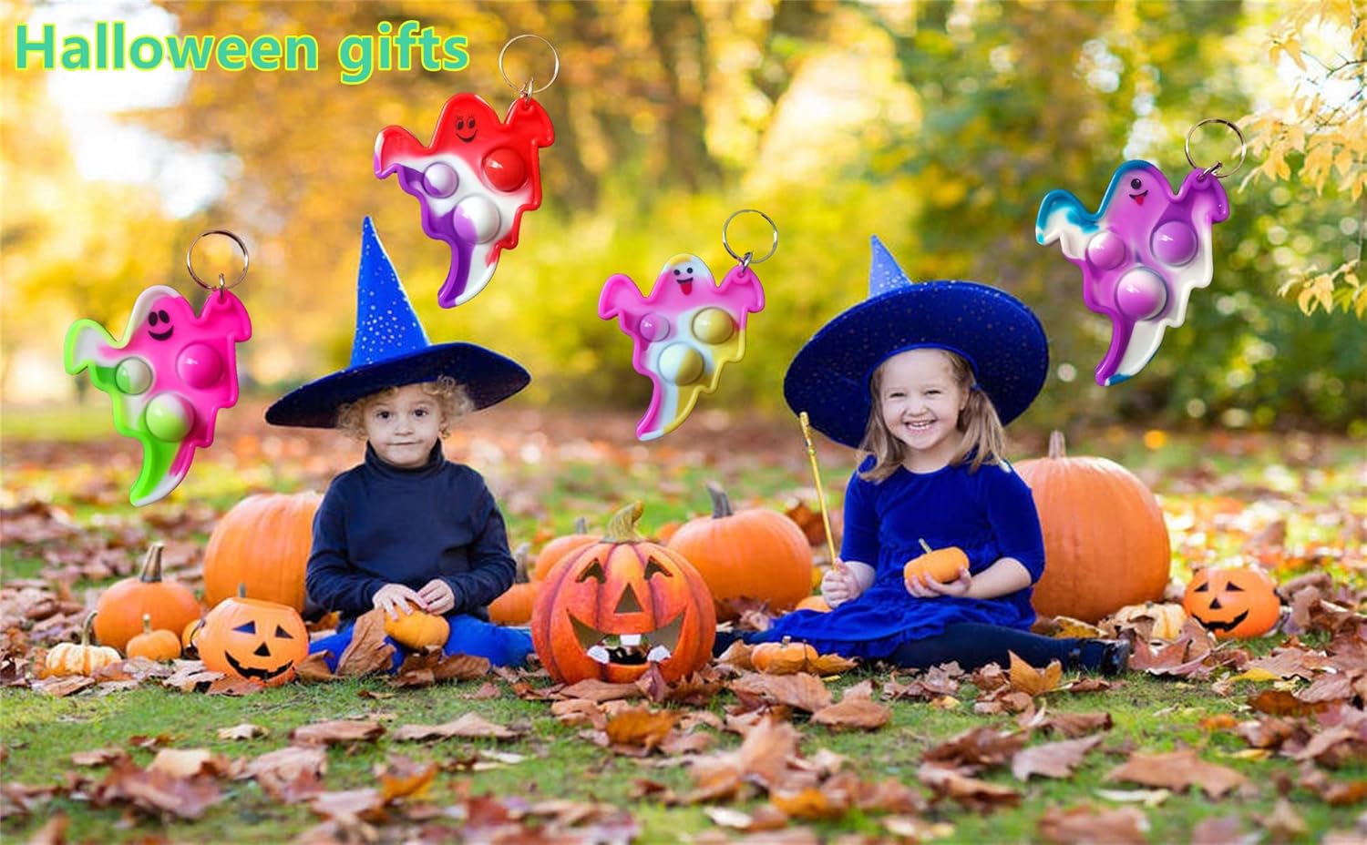 24 Packs Bulk Halloween ghost Fidget Bubble Mini Pop Keychain，Small Birthday Party Favors Supplies and Student Prizes