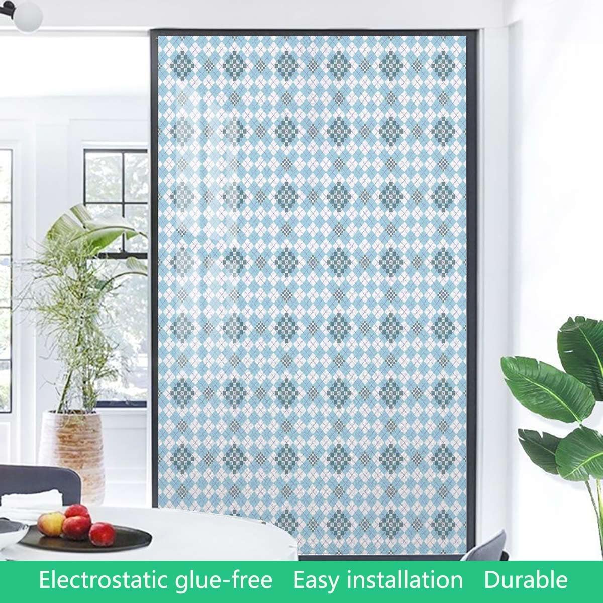 Blue White Privacy Window Film Frosted with Flowers and Diamonds Theme Privacy Window Film Removable Static Cling Window Film Stickers Geometrical 31.5Wx62.9L-inch