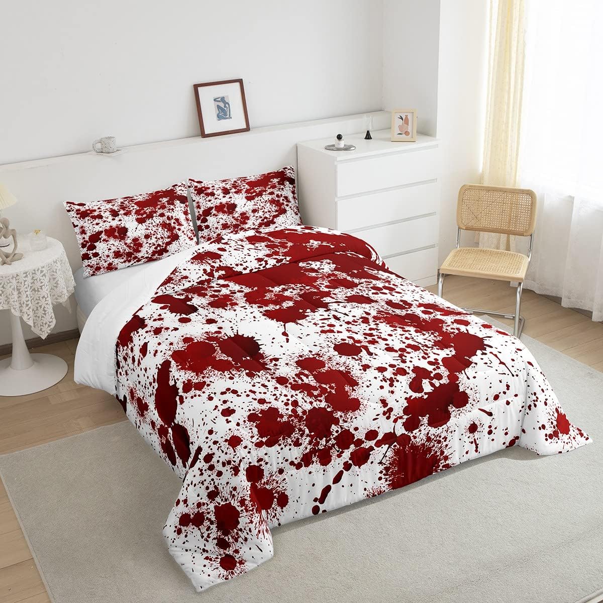 Red Tie Dye Comforter Set Twin Size,Halloween Decor Bedding Set 2pcs for Kids Teens Girls Bedroom,Gothic Horror Style Quilt Set Cartoon Hand Painted Graffiti Duvet Insert with 1 Pillowcase image 2