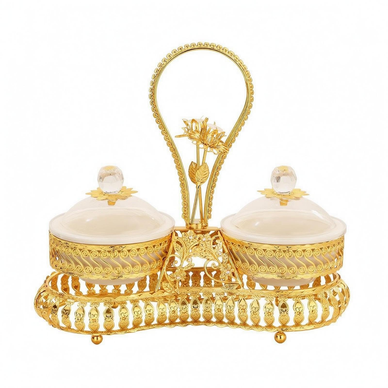 Lidded Fruit Tray Crystal-Like Knobs Floral Metal Fruit Tray Gold-Toned Divided Platter Heart-Shaped a-image-11