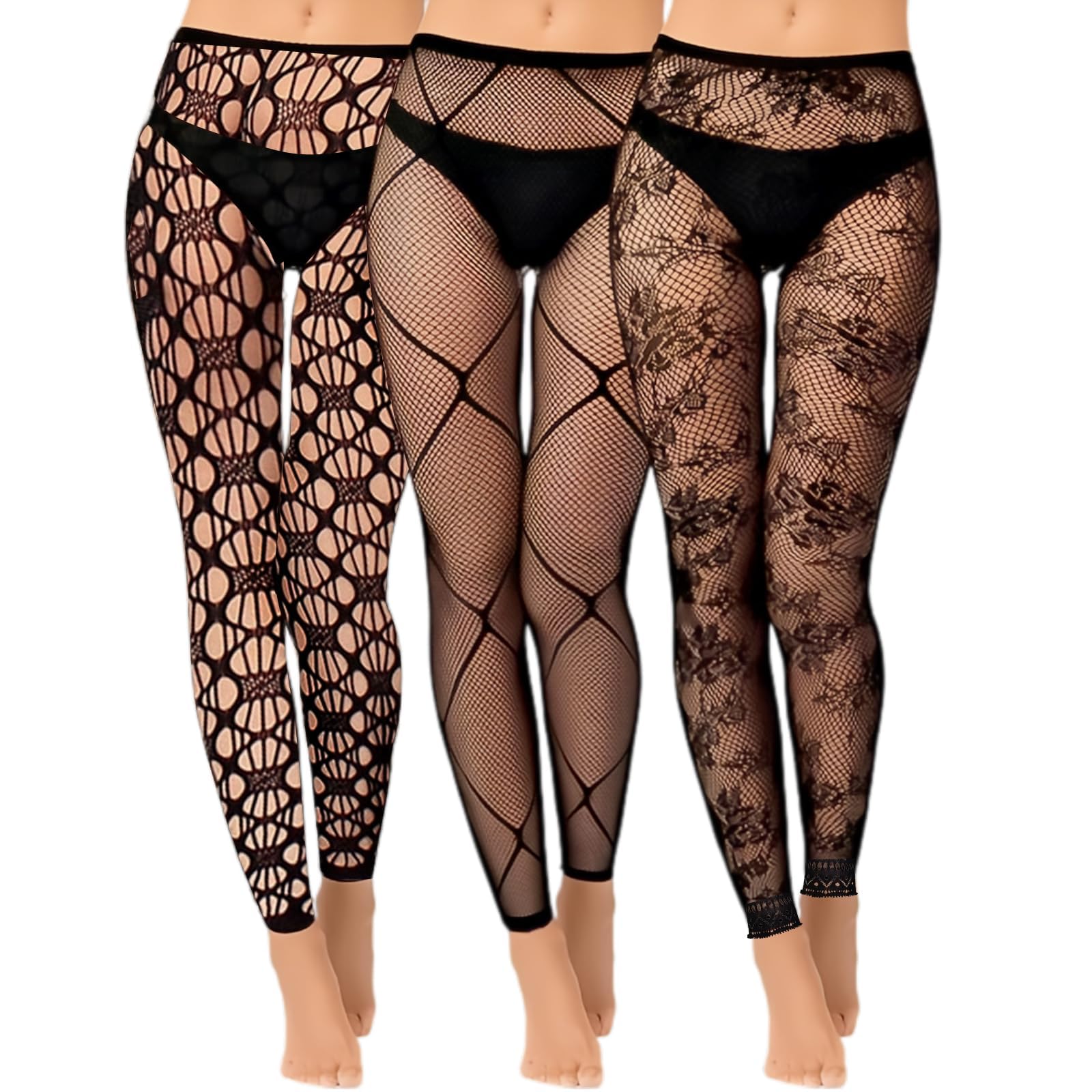 Makoto Nobu Women's Black 3 Pairs Pattern Tights, Patterned Fishnet Lace, High Waisted Net Footless Leggings Fish Net Tights Goth Stockings No Toes Pantyhose