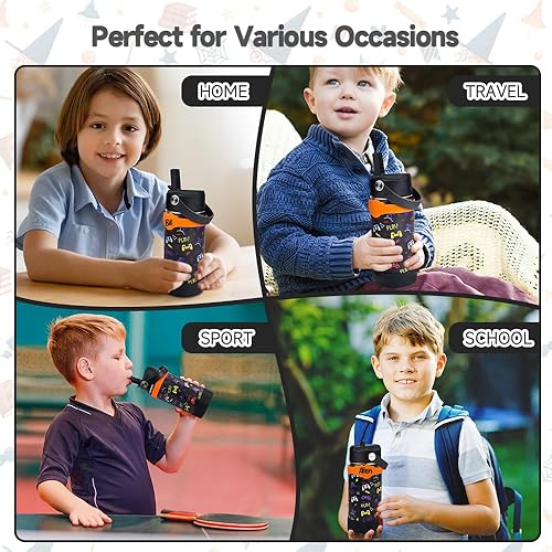 Miniatura 8 de MORLIKE Botella de agua de acero inoxidable de 14 onzas para niños, botella de agua aislada al vacío con tapa con pajilla, botella de agua térmica