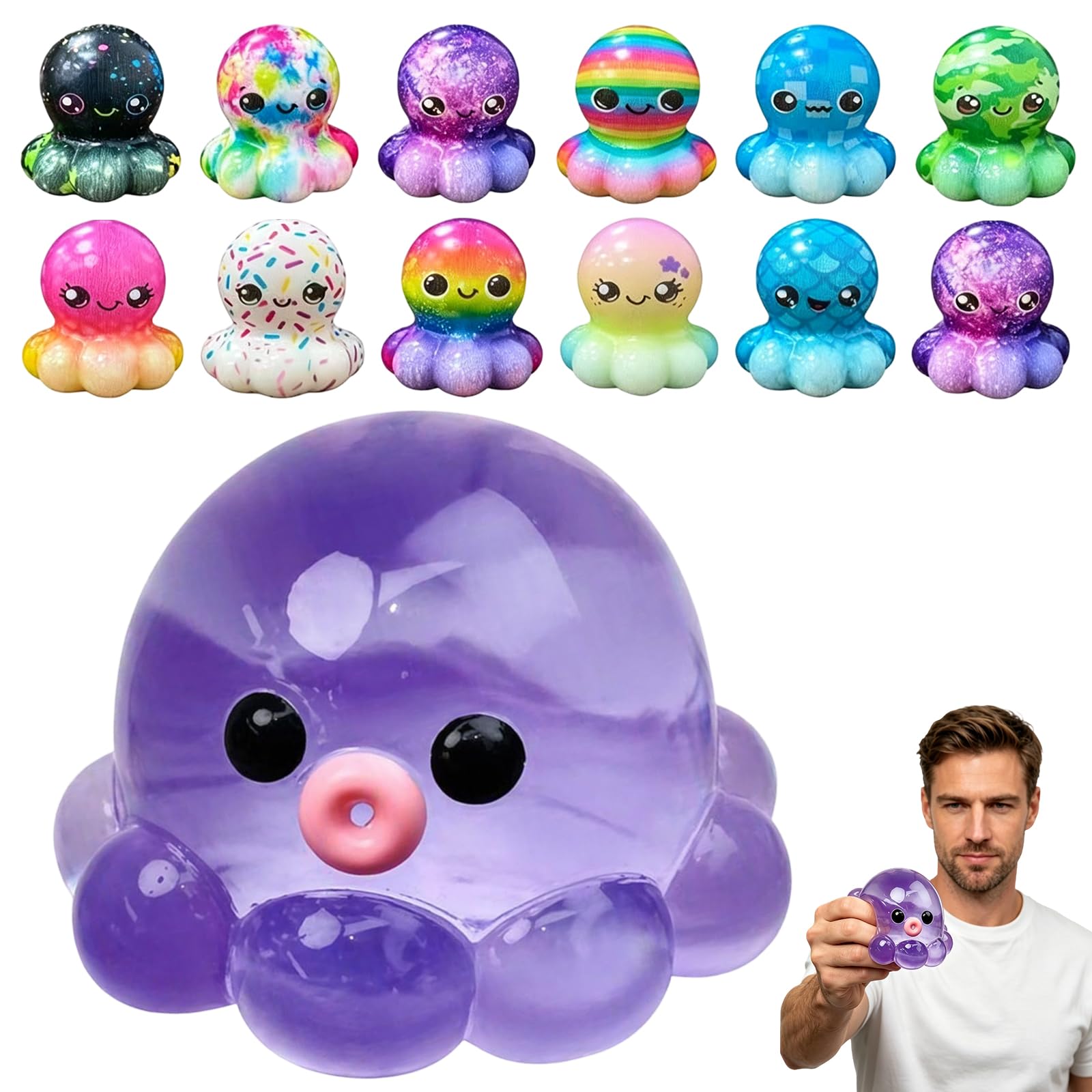 13PCS Octopus Squeeze, Sensory for Everyone, Set of 1 Bubble Pop Squeezes in Transparent Purple and 12 Randomly Colored Mini Octopus Squeezes, Hand Exercise for Office and Breaks