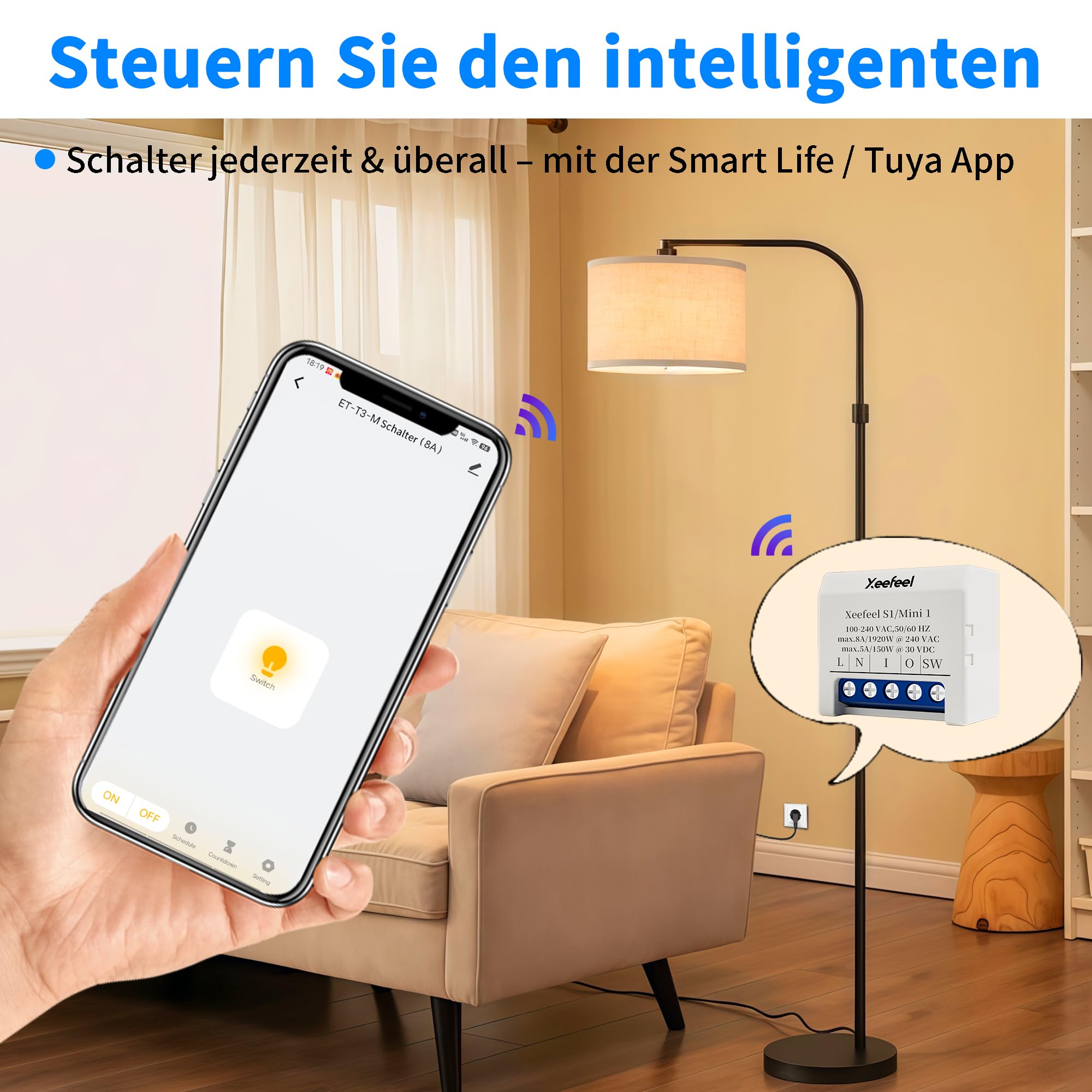 Mini 1 interruttore per relè intelligente Wi-Fi e Bluetooth – 8 A, per automazione domestica, compatibile con interruttore della luce, contatto a secco con ripetitore Wi-Fi, Alexa e Google