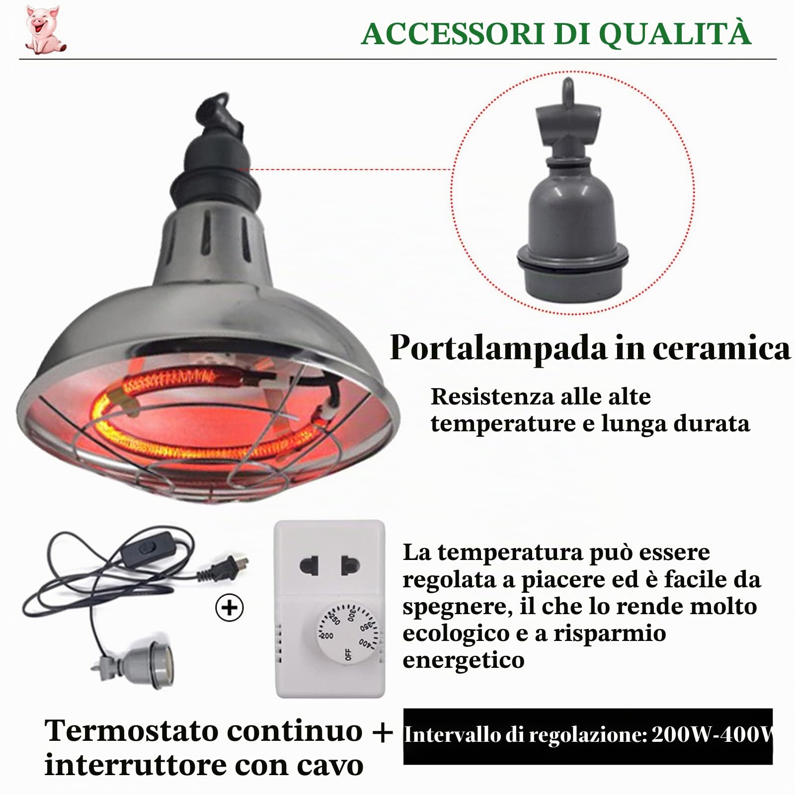 220V Lampada Riscaldante per Cani Cuccioli, Lampada Infrarossi di Irradiazione di Calore in Alluminio per Animali con Termostato, Alluminio (200W-400W)