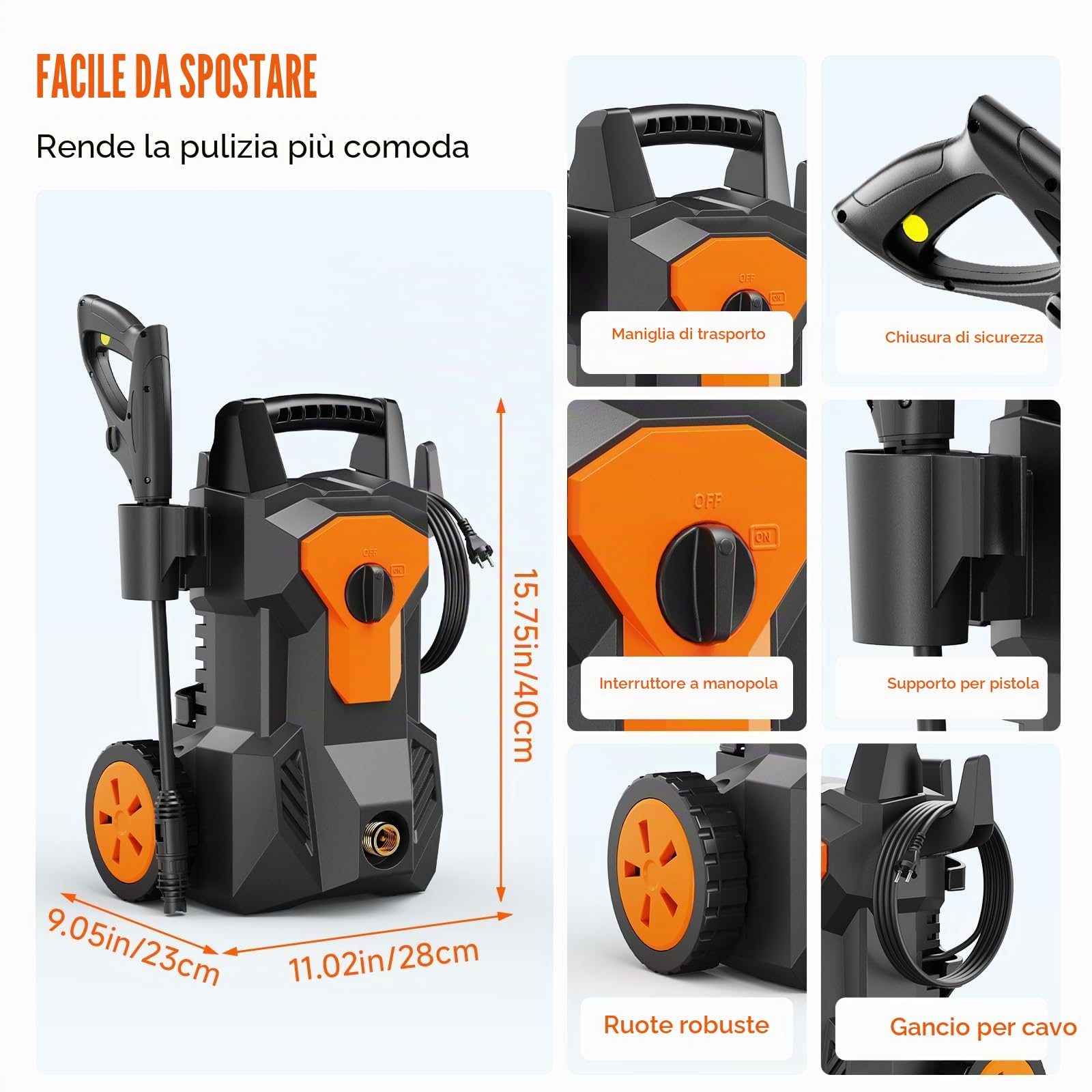 Idropulitrice Alta Pressione, 1600W, Pressione max.140 bar, 420 l/h, Tubo Flessibile da 8M Cavo da 2M, con Ugello Regolabile Pistola et Avvolgitubo integrato, per Casa, Giardino e Auto, Irrigazione