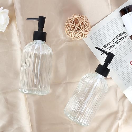 Miniatura 7 de Ulable Paquete de 2 dispensadores de jabón de vidrio transparente con bomba, dispensador de jabón recargable de 13.5 onzas con rayas verticales para