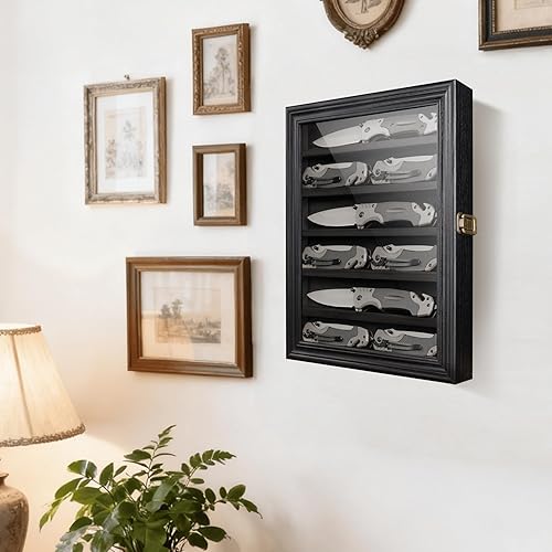 Miniatura 7 de Estuche para cuchillos de bolsillo, caja de cuchillos de 6 filas con vidrio templado HD, soporte plegable militar para cuchillos con 2 ranuras