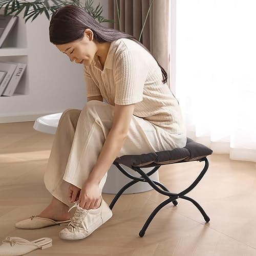 Miniatura 8 de Welnow Taburete plegable, otomana tapizada con acento pequeño con cojín de algodón grueso desmontable acolchado y marco de metal para silla