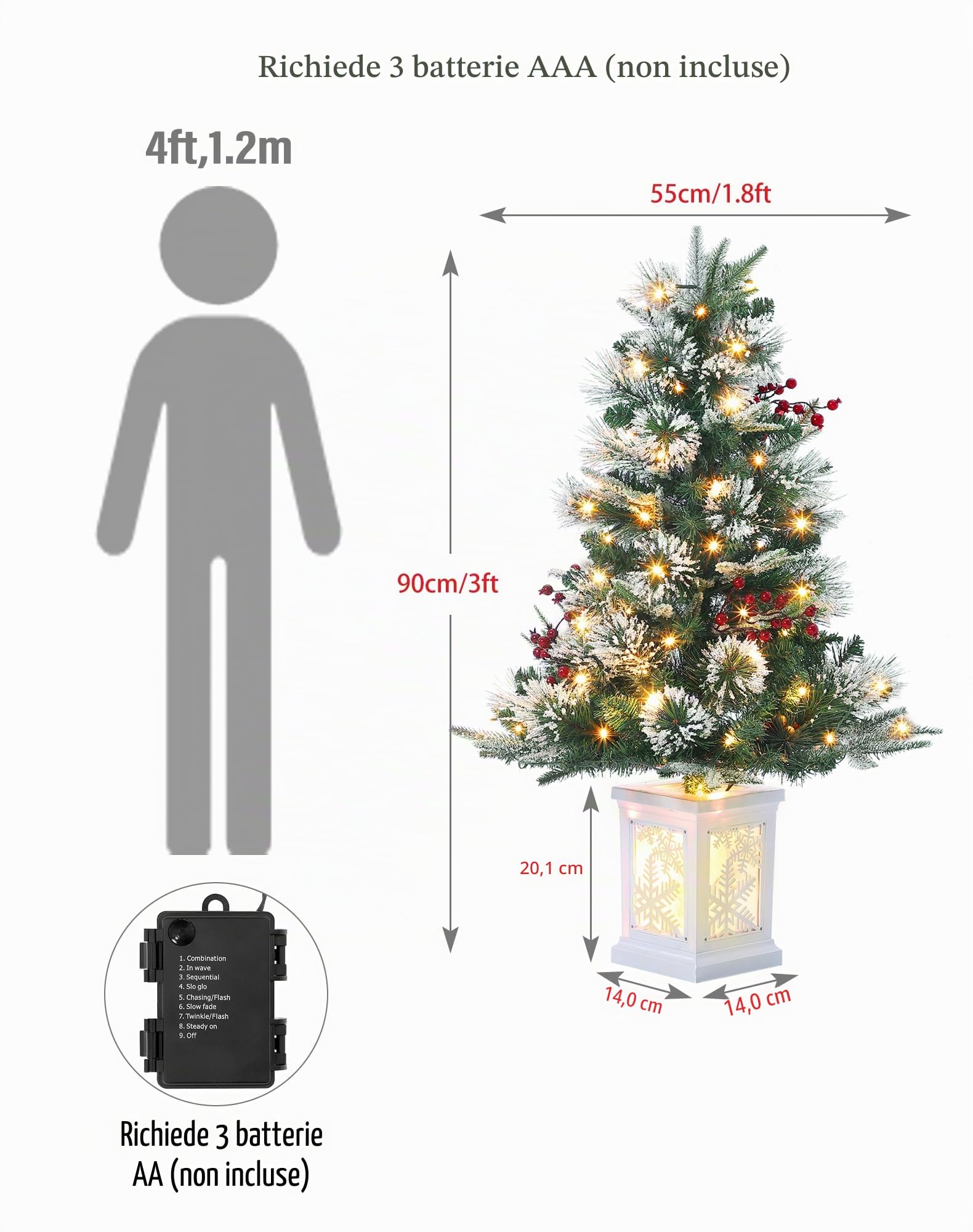 Albero di Natale Artificiale Premiere da 90 cm - Albero di Natale Innevato con Luci 78LEDs, Albero di Natale Automatico Batteriebetrieben Decorazione Natalizia con Bacche Rosse für Zuhause, Büro