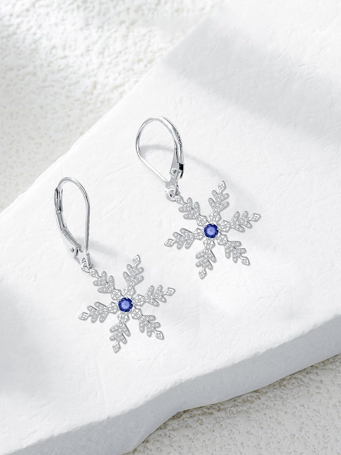 925 Sterling Silver Snowflake Earrings for Women White/Blue CZ Winter Snowflake Leverback Earrings Christmas Jewelry Gifts for Women - Image 5