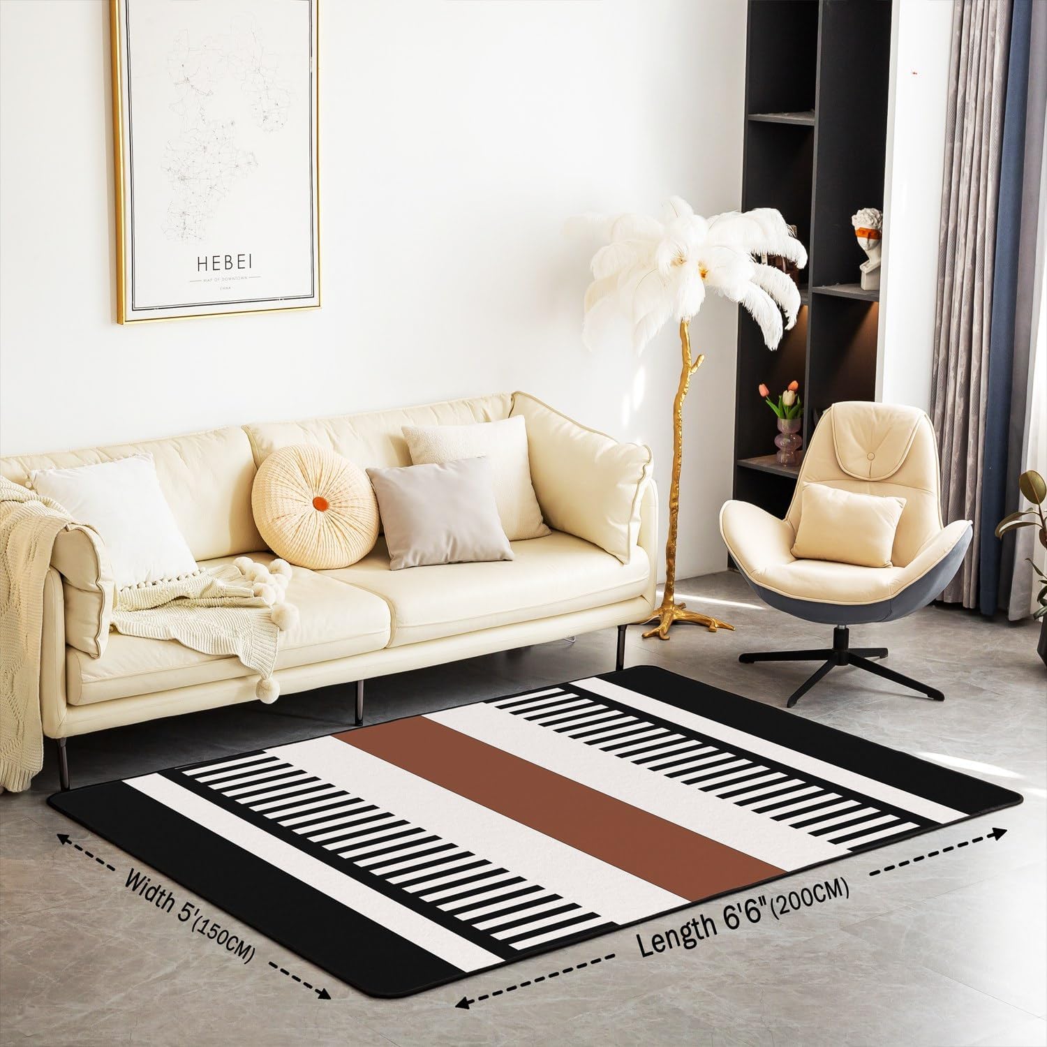 Black Beige Brown Area Rug 150cm X 200cm X 1cm Farmhouse Geometric Stripes Boho Non Shedding Rug for Living Room Simple Modern Style Plaid Non Slip Rug for Bed Chairs Couch