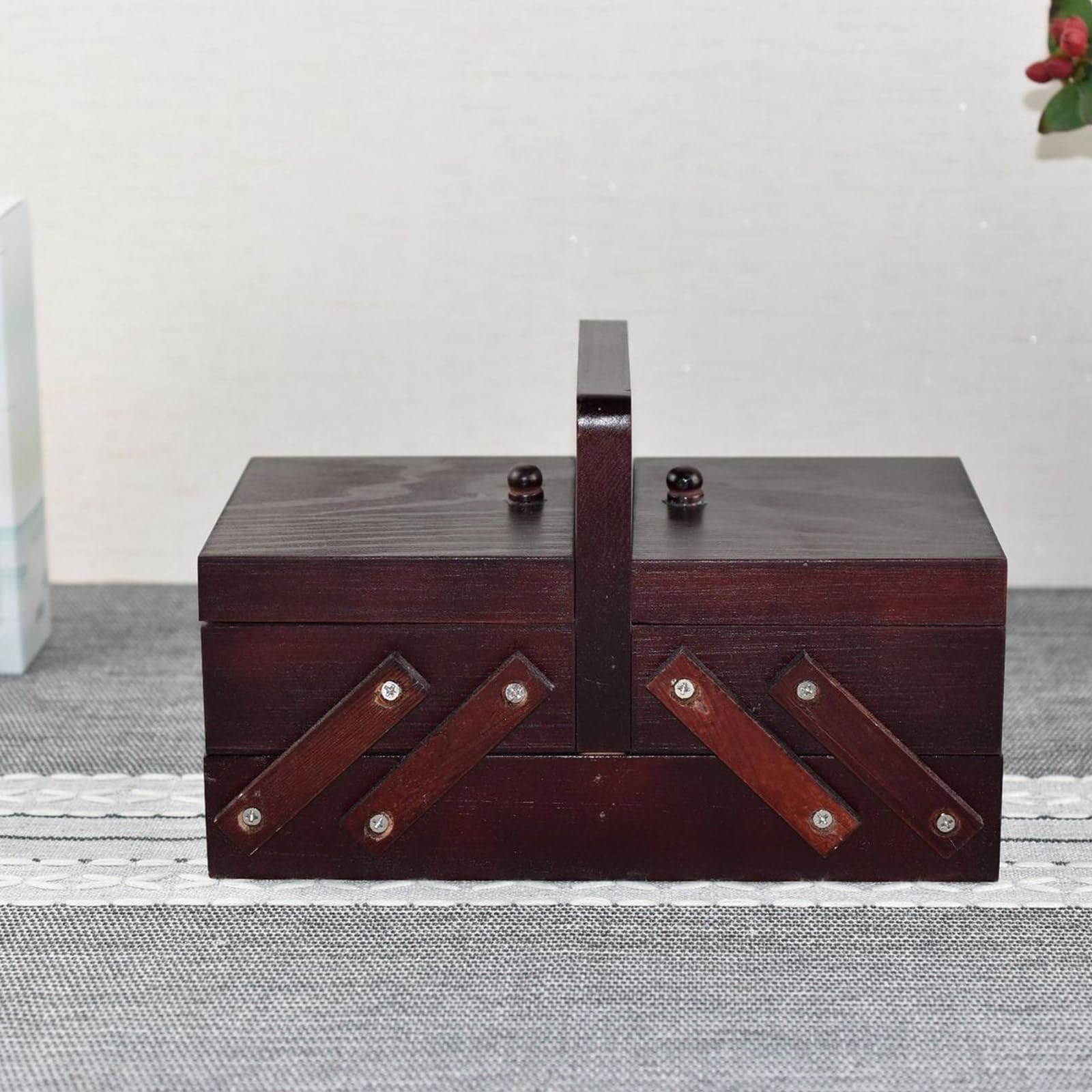 Caja organizadora de costura plegable de madera, caja de almacenamiento de herramientas de costura, organizadores de suministros de punto para bordar suministros de punto
