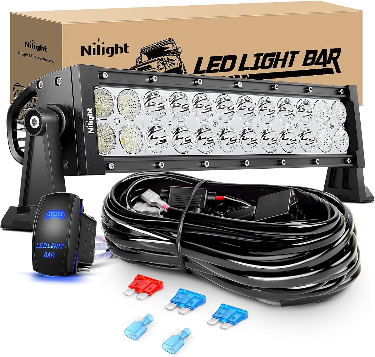 13.5Inch 72W Curved Spot Flood Combo Led Light Bar Off Driving RoadFog Light 12V On/Off Switch 16AWG Wiring Harness Kit-1 Lead,2 Year Warranty