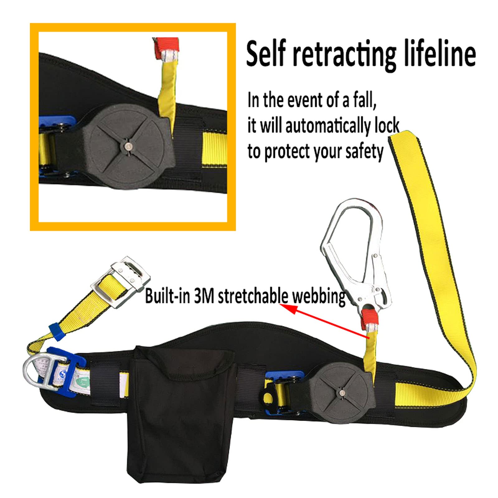 Baudrier Elagage Harnais de Securite, Harnais de Securite Anti Chute pour Toiture et Travail en Hauteur, Sangle Anti-Chute avec Dispositif Antichute Rétractable et Crochet en Acier Allié, 3M