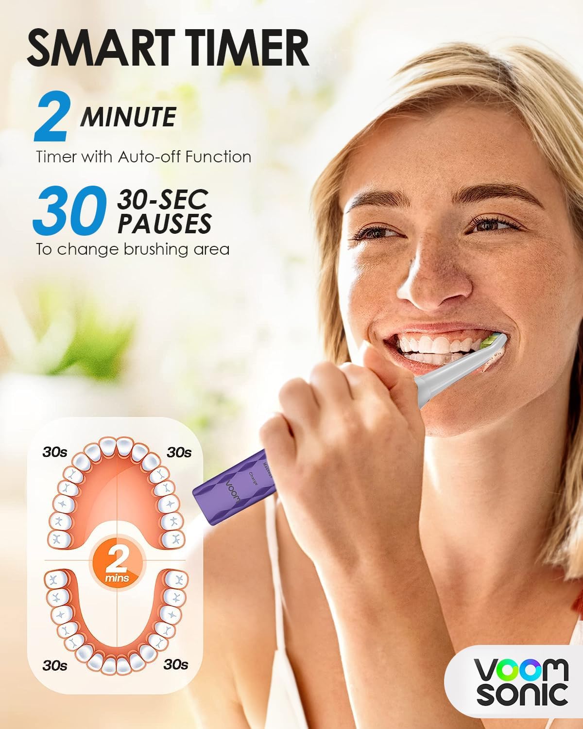 Voom Sonic Pro 3 Spazzolino elettrico ricaricabile con setole morbide in nylon Dupont consigliato dal dentista per l'igiene orale portatile, timer di 2 minuti, 3 velocità regolabili, design leggero