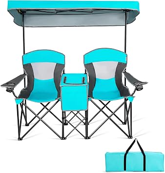 Double Camping Chair with Canopy, Foldable Loveseat Picnic Chair w/Cup Holders & Carrying Bag, Portable Beach Chair for 2-Person, Adults Outdoor, PatentedTurquoise