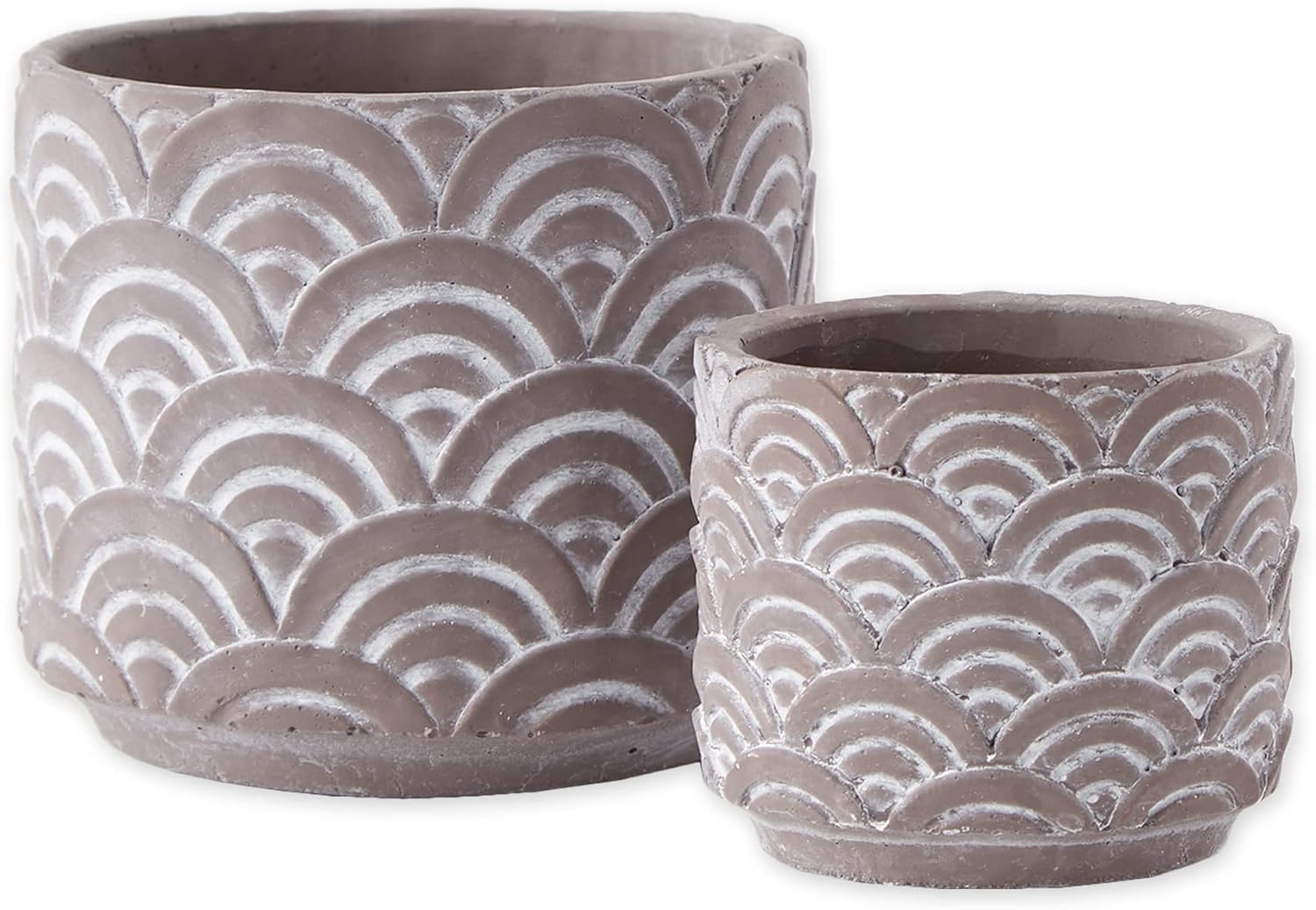 DII Planter Pot Collection Distressed/Weathered Indoor & Outdoor Cement, for Plants or Flowers, Small 4.5x4/Large 6.25x5.5, Black Scallop, 2 Piece