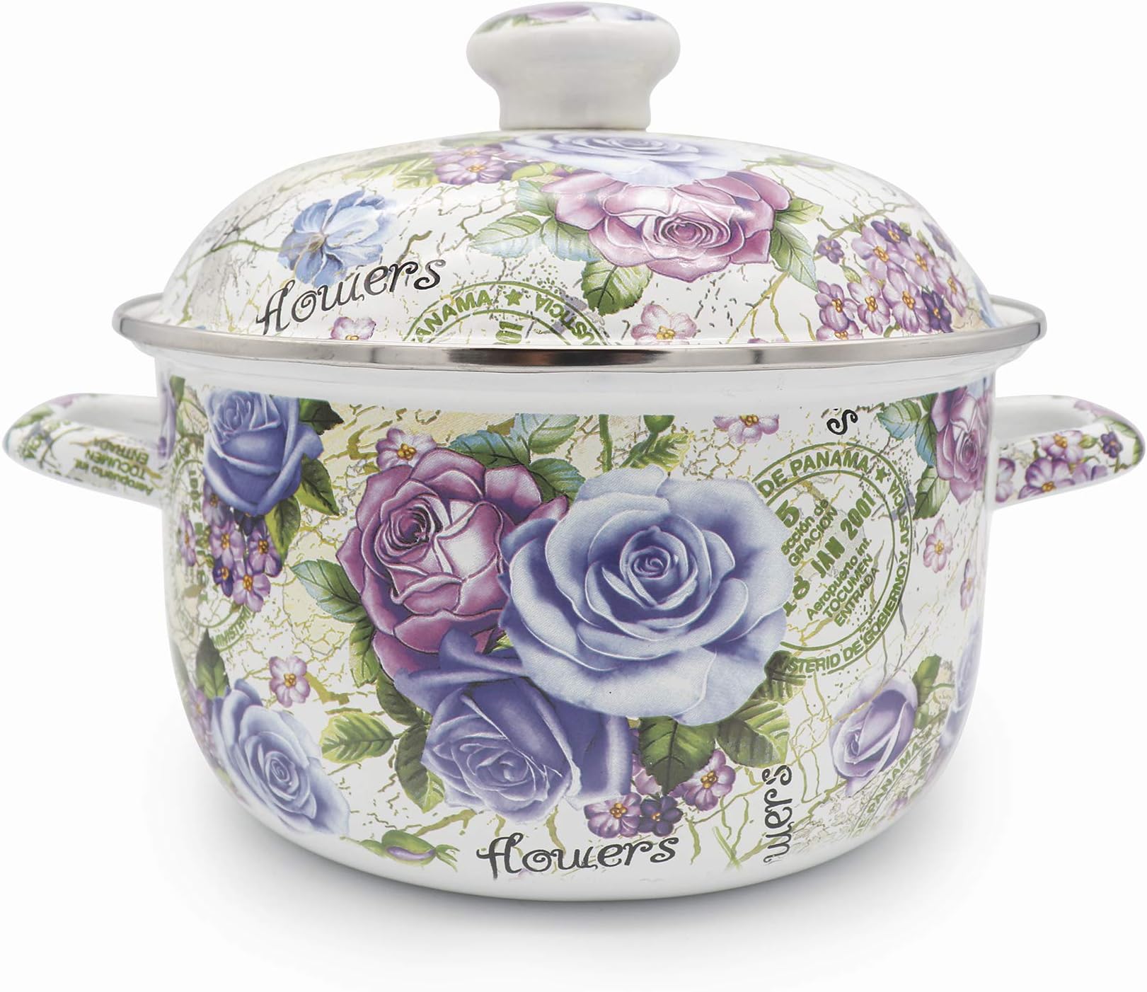 Flower Enamel on Steel Stock Pot/Stockpot with Lid, 3 Quart (style2 | Lightweight floral enamel steel pot for soup, stew and pasta, compatible with gas, electric, induction and halogen cooktops