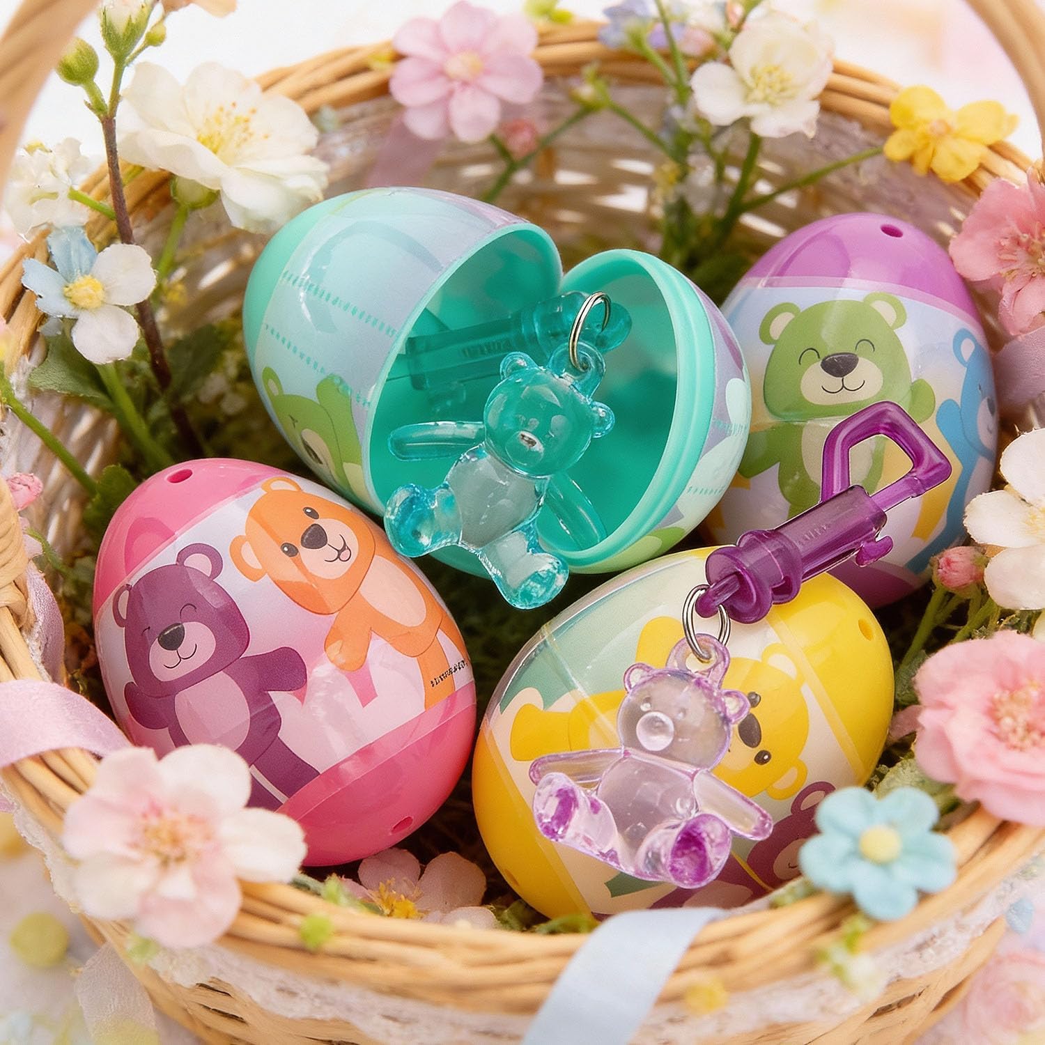 Fun Express 2 1/4" Teddy Bear Backpack Clip Keychain-Filled Plastic Easter Eggs – 12 Pieces