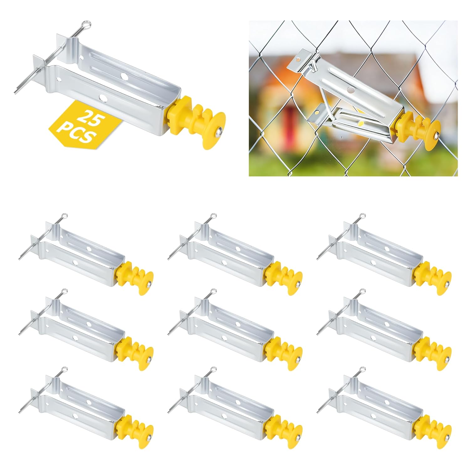 BEIYI Chain Link Fence Insulators 25 Pack - Electric Fence T-Post U-Post Wire Holders, Heavy-Duty Yellow Extenders