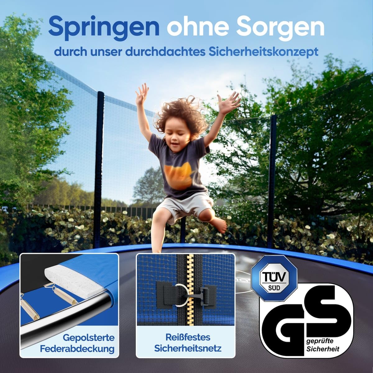Monzana® Trampolin Ø 183/244/305/366/427 cm TÜV SÜD GS Zertifiziert Komplettset inkl. Sicherheitsnetz Leiter Randabdeckung Kindertrampolin Gartentrampolin
