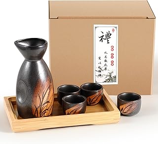 Skyley Japanese Sake Set with Tray Traditional Saki Cups Set Korean Soju Glass Ceramic Japanese Gifts for Cold Wine Holiday Christmas Gifts (Wooden,Grass)