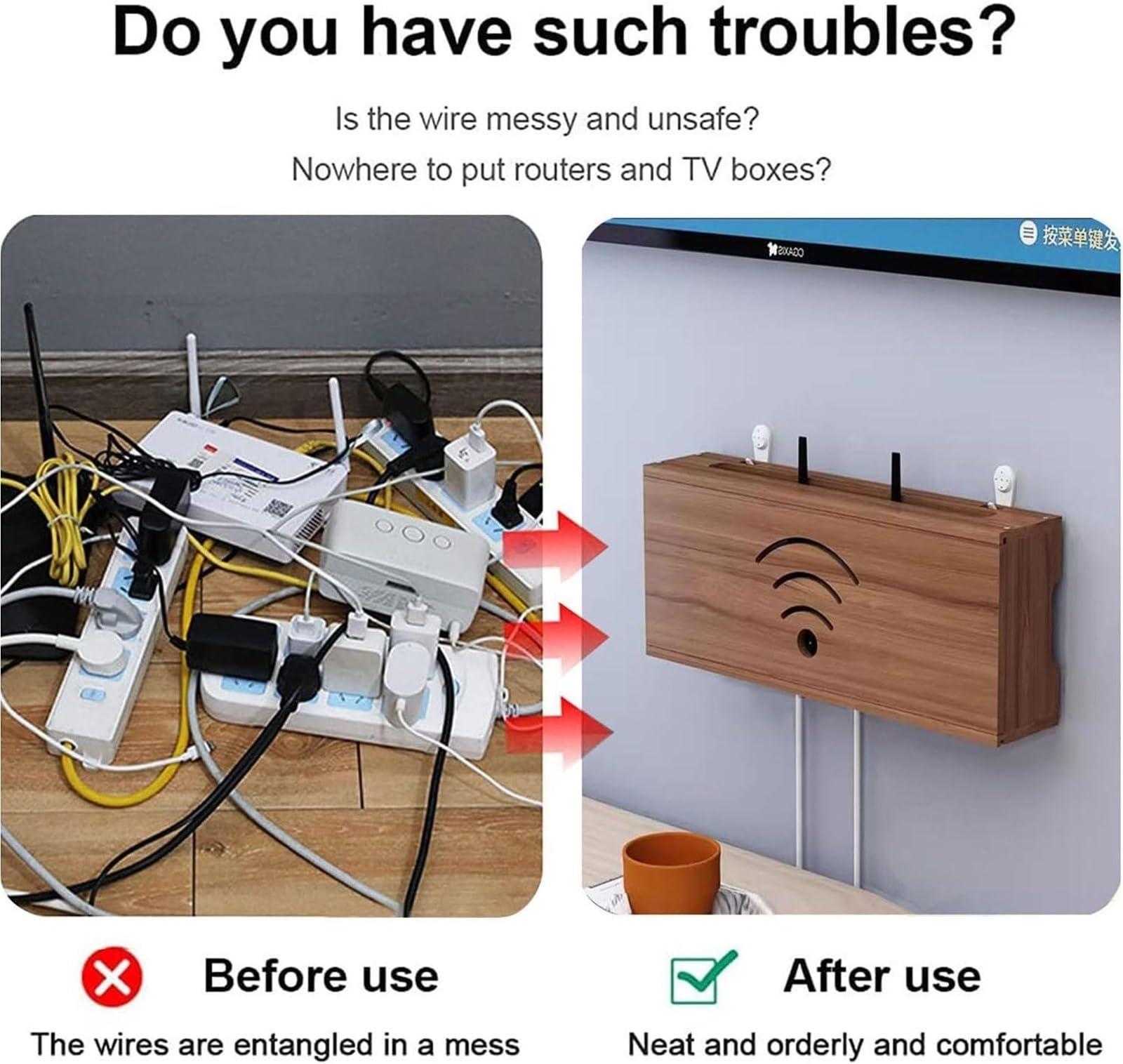 Półka Ścienna Na Router, Drewniany Organizer Na Kable, Bezinwazyjna Półka Na Router WiFi, TV Box I Modem(C,80cm)