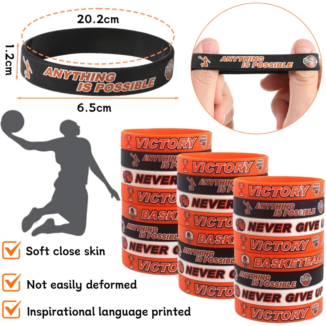 Bracelet de Basket-Ball en Silicone 24 Pièces Motivation Enfants Adolescents Cadeaux Sports