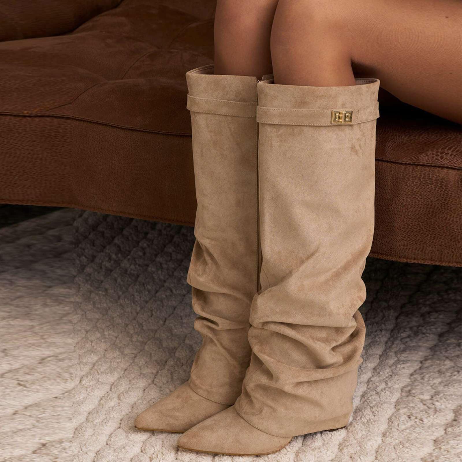Stivali Donna Alti Stringati Stivaletti Slouchy Fibbia Punta Tacco Inverno