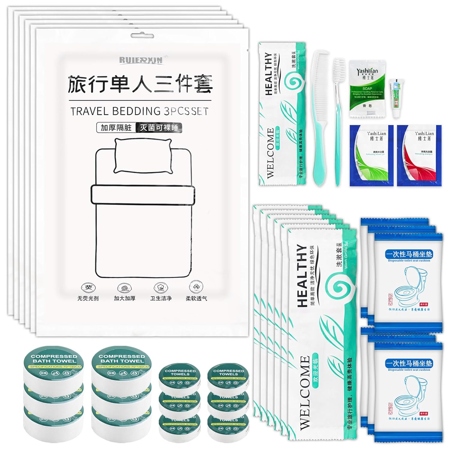 Disposable Travel Set, Hotel Travel Kit With Sheets, Duvet Cover, Pillowcase, Bath Towels, Washcloths, Toilet Seat, Toothbrush, Toothpaste, Comb, Soap, Shampoo And Shower Gel (5-PACK) Disposable Travel Set, Hotel Travel Kit With Sheets, Duvet Cover, Pillowcase, Bath Towels, Washcloths, Toilet Seat, Toothbrush, Toothpaste, Comb, Soap, Shampoo And Shower Gel (5-PACK)