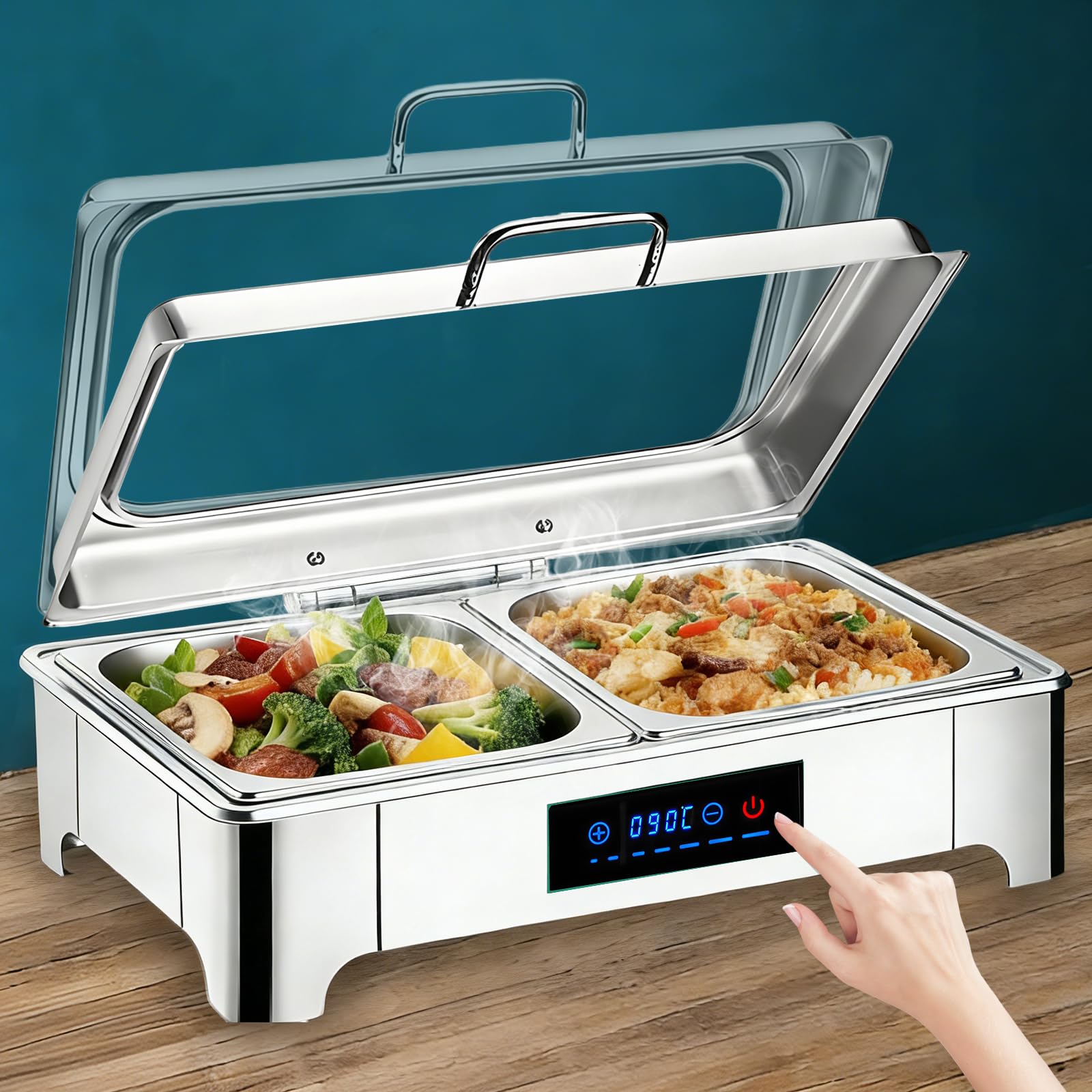 Chafing Dish Buffet Elettrico 9L(1/2 Pan) | Professionale Scaldavivande Buffet Elettrico Acciaio Inox Temperatura Regolabile per Catering Buffet con Coperchio in Vetro