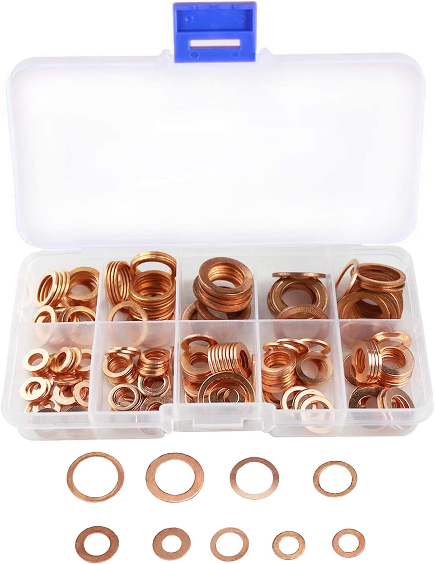 KEWAYO 200 Pieces Copper Washers Assortment Kit, 9 Sizes Metric Sealing Copper Washer Set Flat Ring Sump Plug Oil Seal Gasket Sealing Fitting Washers (M5 M6 M8 M10 M12 M14)