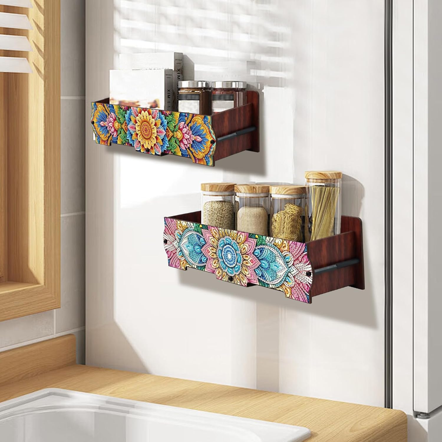 DoxQcs DIY Diamond Art Painting Punch-Free Wooden Storage Rack, Rack Shelf Container Bin Storage Box Holder Basket Hanging Walls Doors Free Punch for Kitchen Bathroom Bedroom-2PCS