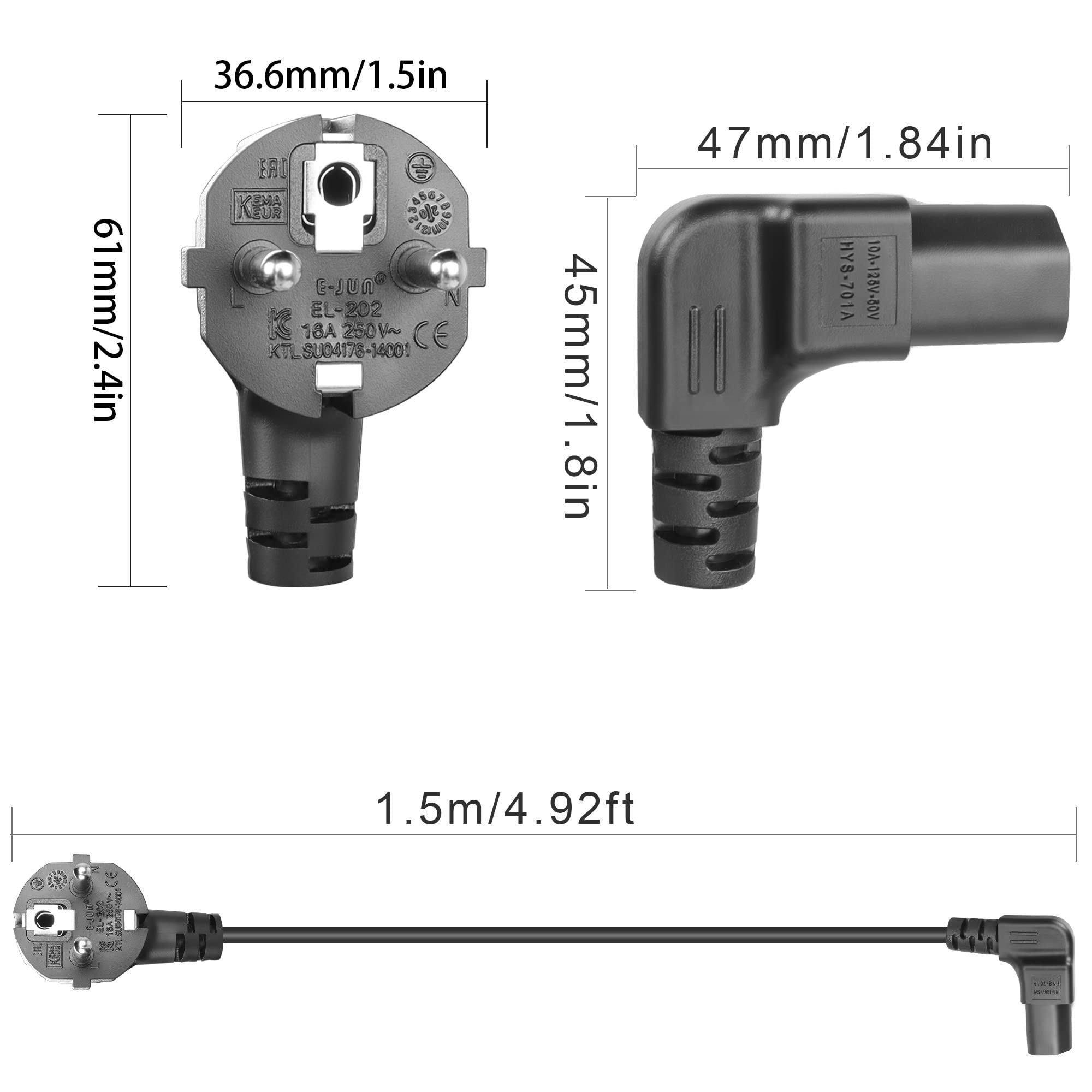 GELRHONR Kabel Zasilający 1,5 m 3-Pinowy, 90 Stopni CEE 7/7 Na IEC C13, Z Zestykiem Ochronnym Kątowym Do Gniazda Urządzenia Zimnego