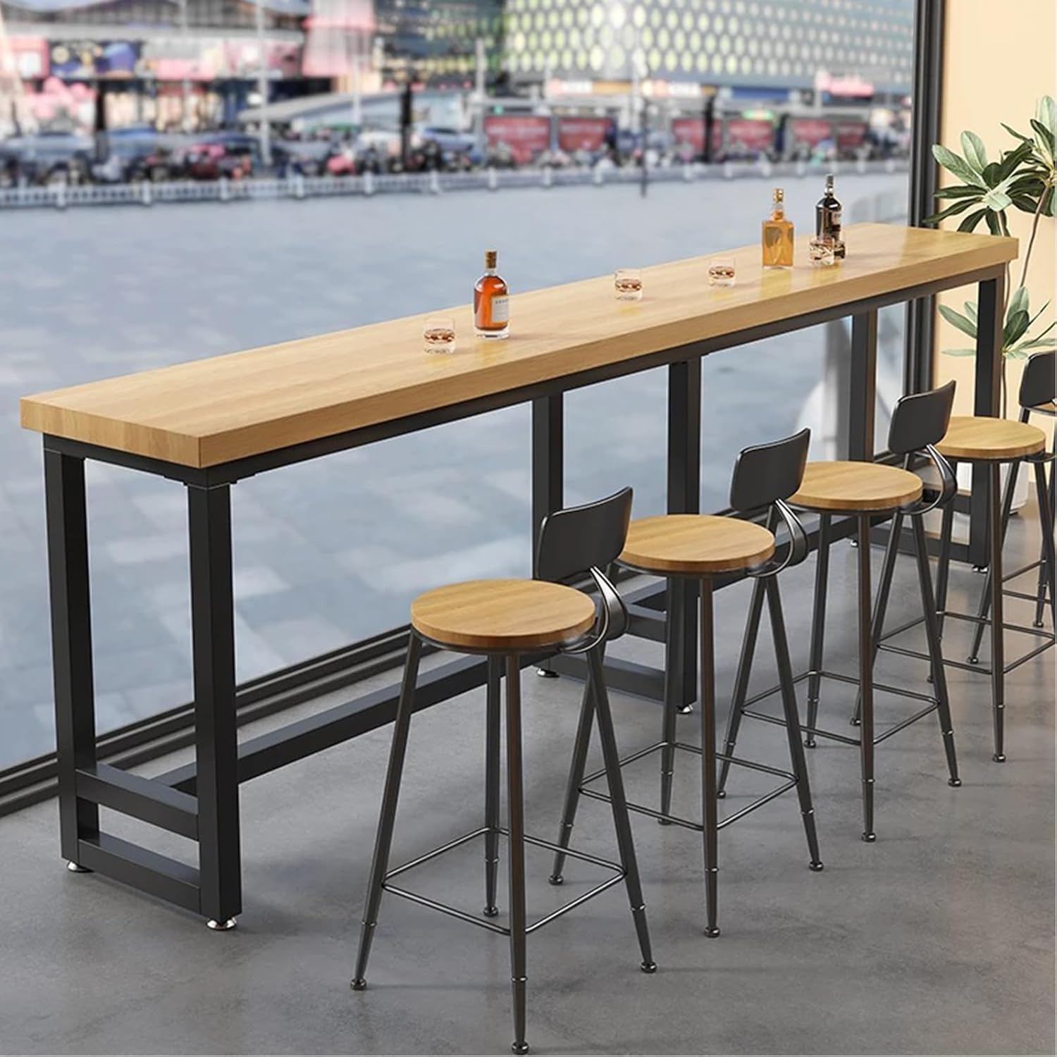 Long Narrow Bar Table Solid Wood with Metal Base,for 2,4,6,8,Industrial,Farmhouse,Live Edge,Rectangular,Bar Height Dining Table,Tall Pub Table,No Stool (Wood)