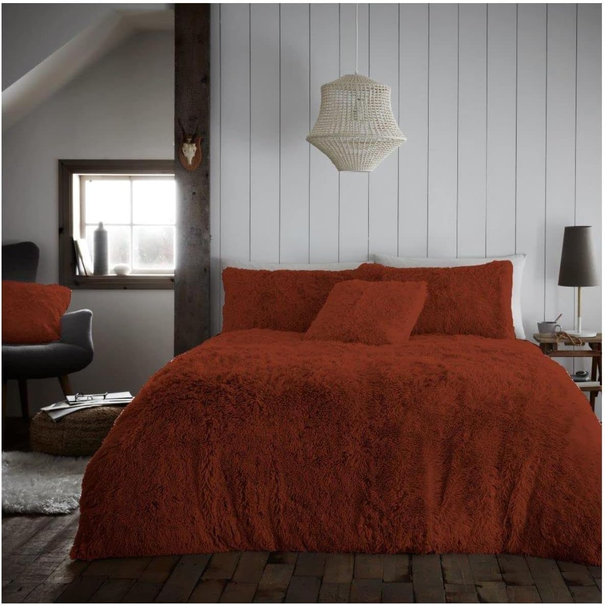 Gc Gaveno Cavailia Hugg & Snug-Rust Faux Fur Shaggy Single Duvet Cover Set, Hug & Snug Fluffy Bedding Set With Pillow Case, Thermal Warm Cosy Fleece Comforter Set, Rust