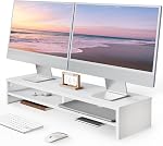 FENGE Monitor Stand 31.5 Inch Computer Monitor Riser for Desk, 2 Tiers Wood Desk Shelf with Storage, Desktop Organizer for PC, Laptop, Screen, Printer White
