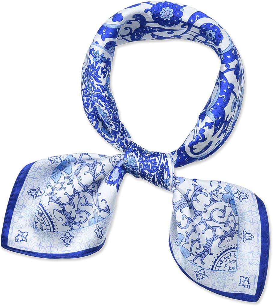 Corciova Women 100% Mulberry Silk Neck Scarf Small Square Scarves Neckerchiefs Flowers Blue and White
