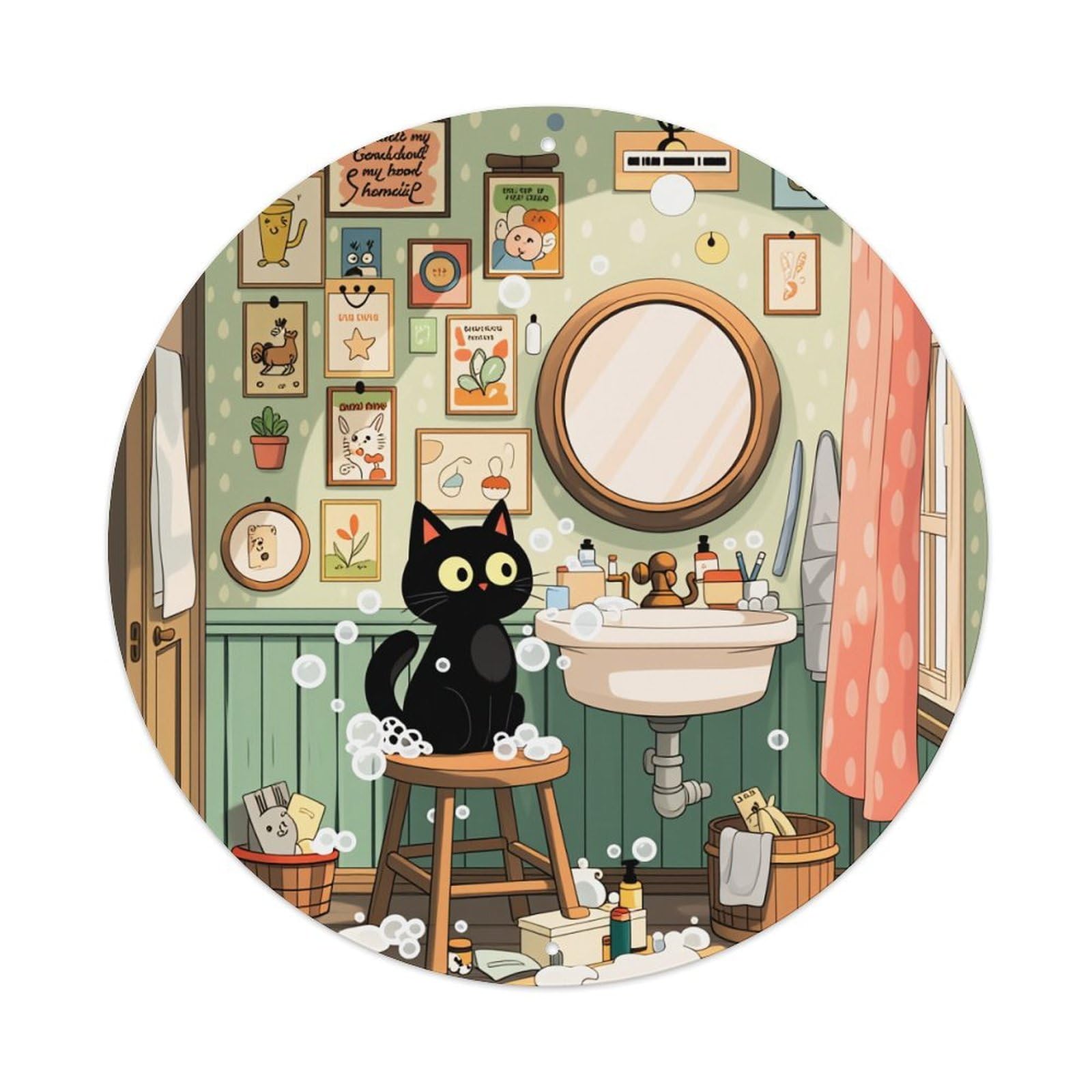 Cute Cat Bathroom Scene Art Round Tin Sign Vintage Style Metal Sign Home Bar Garden Wall Plaque Decor Metal Poster 8x8 Inch