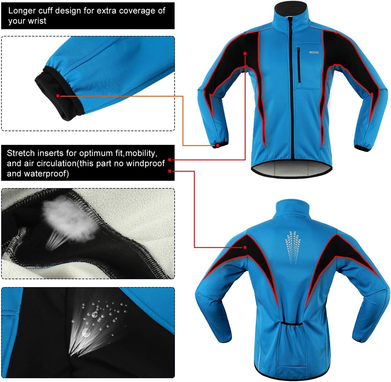 ARSUXEO Winter Warm UP Thermal Softshell Cycling Jacket Windproof Waterproof 15-k - Image 5