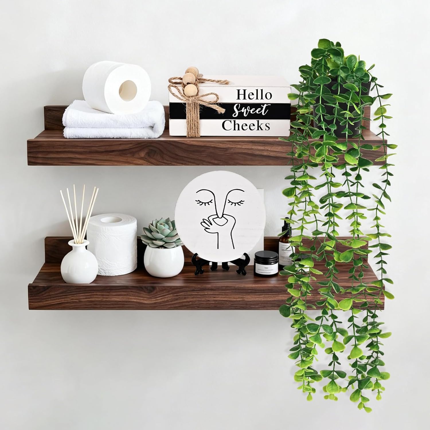 Bathroom Shelf Decor Funny Bathroom Decor Signs,Round Humorous Sign and Book Stack with Fake Plant,Farmhouse Restroom Accessories Decor