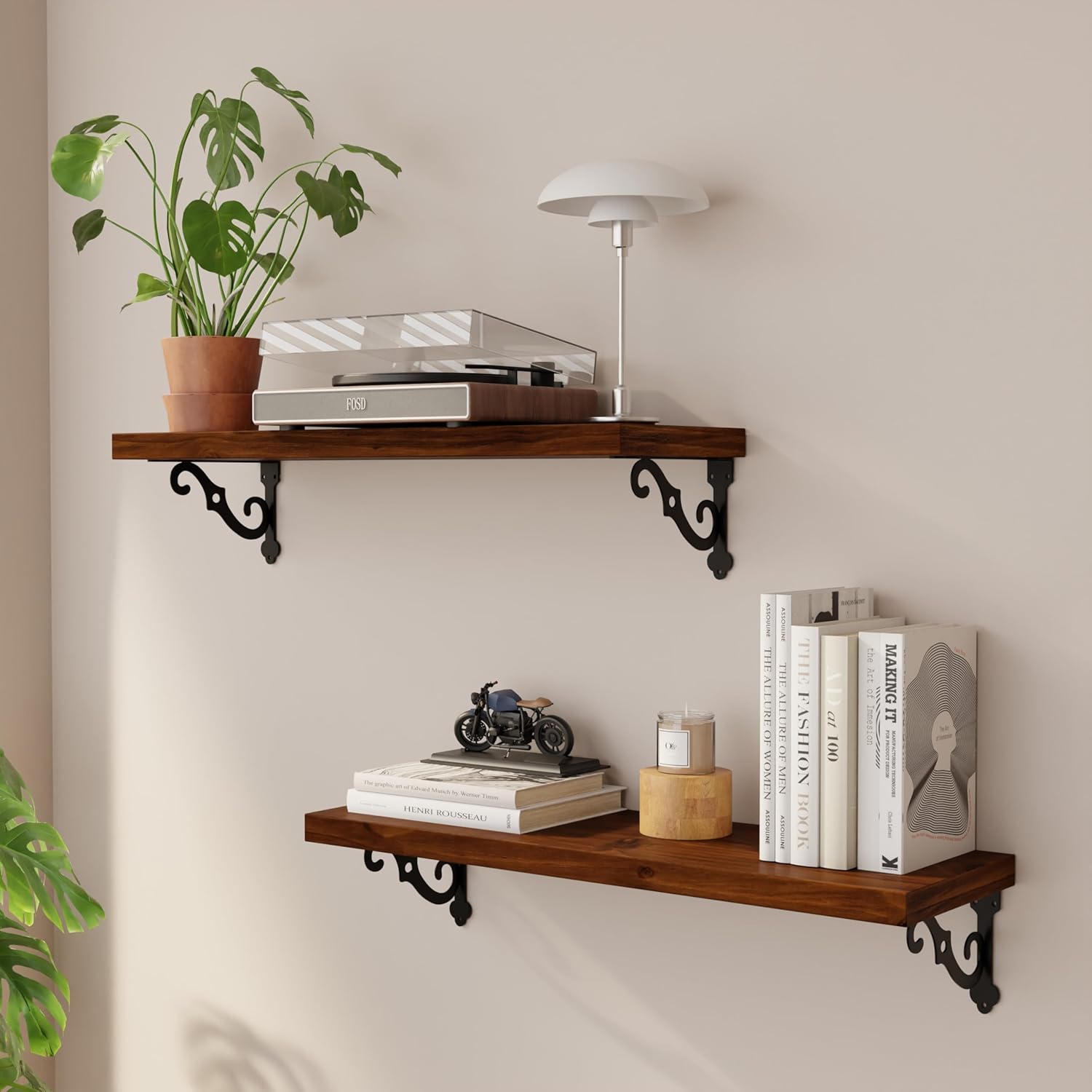 Solid Wood Floating Shelves for Wall with Metal Brackets,2 Tier 24 inch Pinewood Wall Shelf,Suitable for Multiple Places Such As Bedrooms,Kitchens,and Living Rooms(Walnut Finish) 24"W×7.9"D(Set of 2) Walnut