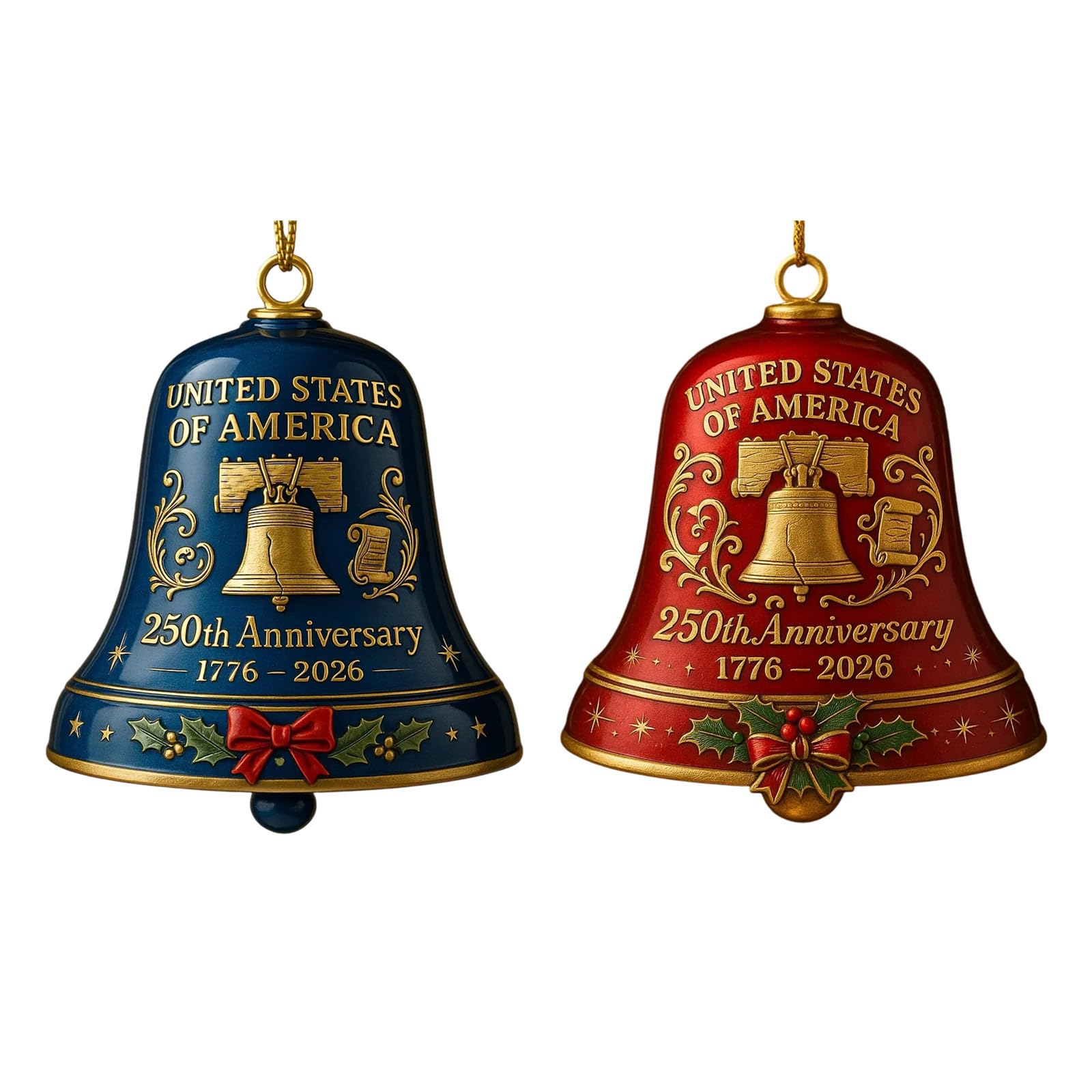 1776-2026 States 250th Anniversary Bells Ornament Christmas Bells with Commemorative Detailing Garden Home Decors Patriotic Holiday