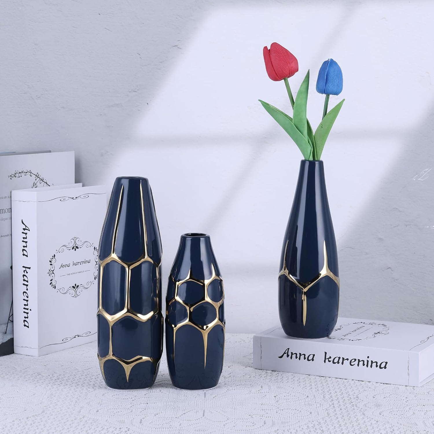 Ceramic Vase Set of 3, Modern Vases for Home Decor, Blue and Gold Color Suitable for Living Room, Kitchen, Bedroom, Bathroom, entryway Mantelpiece, Living Room TV Stand Decoration.