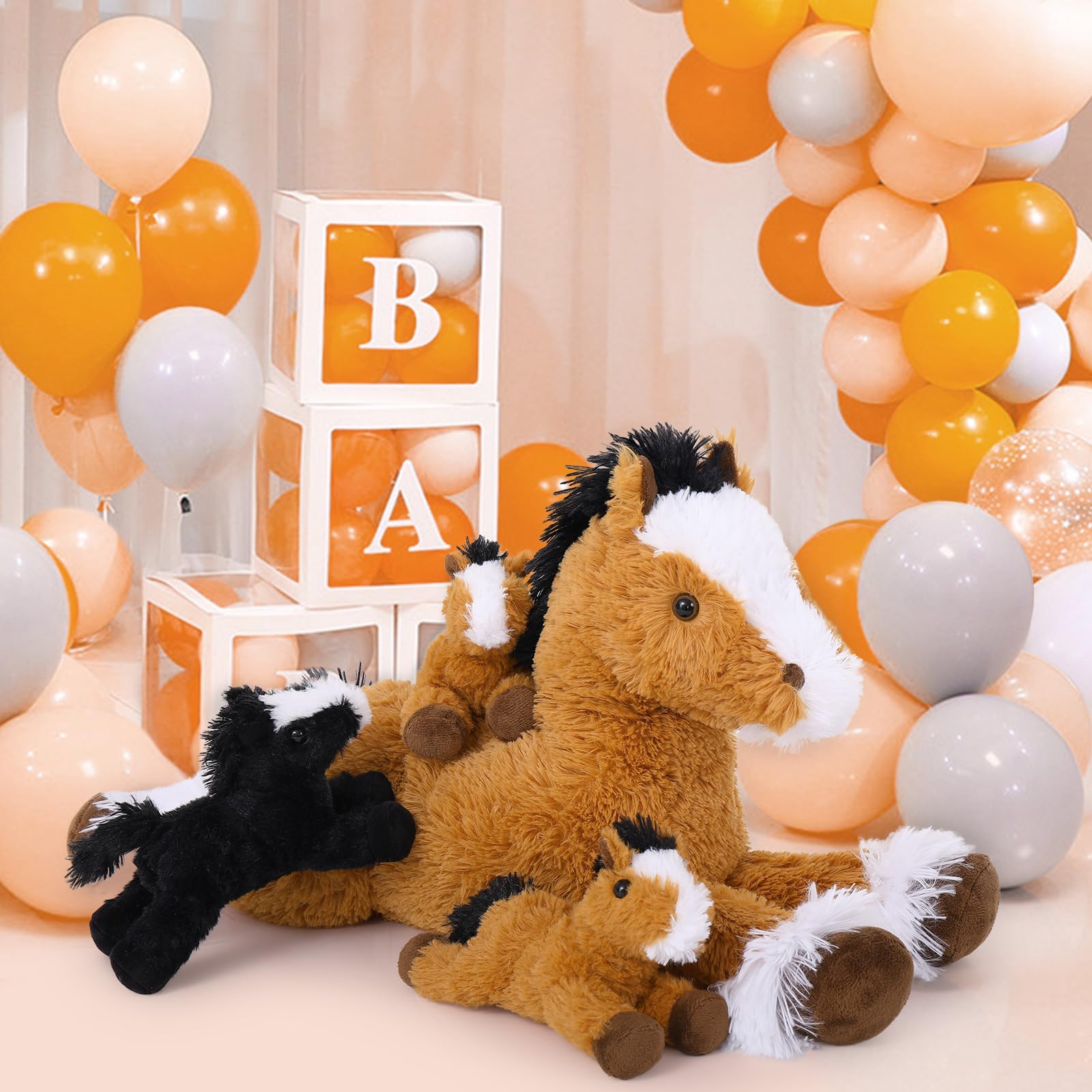 MorisMos Dunkel Braun Pferd Kuscheltier groß XXL mit 3 Baby im Bauch, 54cm lang groß Plüschpferd Stofftier Plüschtier, Horse Pony Geburtstag Weihnachten Geschenk Kinder