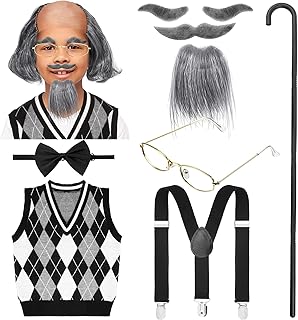 WILLBOND 9 Pcs Old Man Costume for Boys 100th Day of School Kids 1920s Old Person Outfit Halloween Costume Dress Up - Buy now