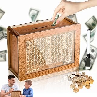 Wooden Lottery Ticket Game Board & Money Box with Counter, The Cash Vault Wooden Savings Box, Moneybox-Save up to $10,000, Saving Challenge Box with Pen Holder, for Adults and Kids (10000$)